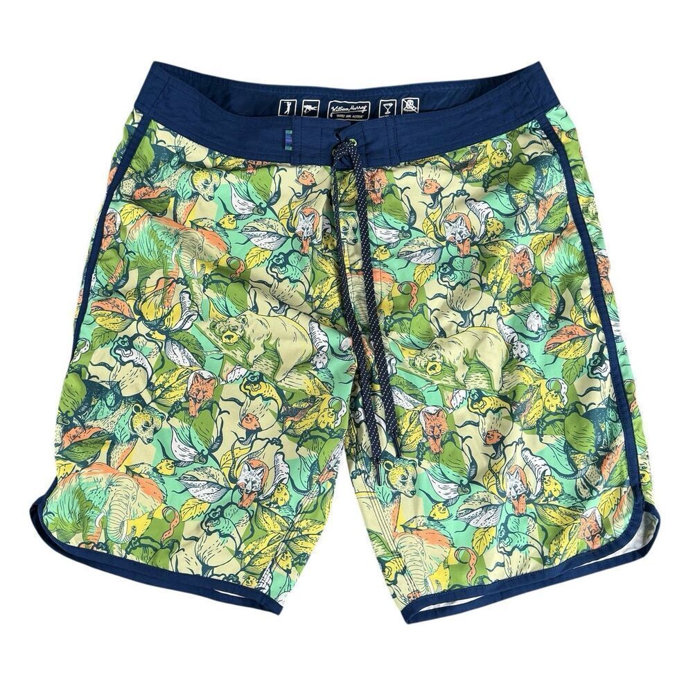 William Murray Sz 34 Golf Swim Board Action Shorts Trunk Green Animal Print